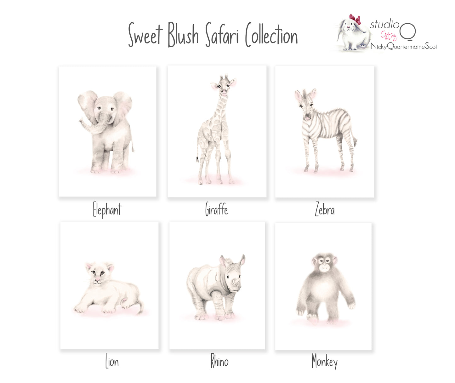 Safari Animal Nursery Prints - Sweet Blush - Set of 3