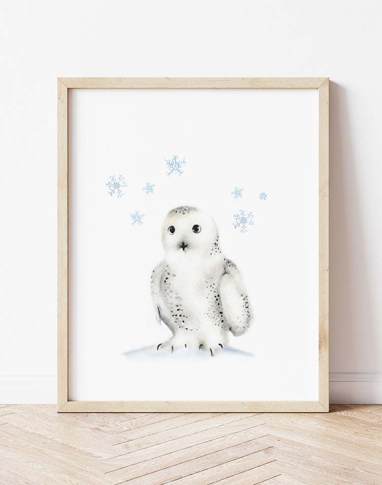 Snowy Owl with Snowflakes Nursery Art Print - Studio Q - Art by Nicky Quartermaine Scott