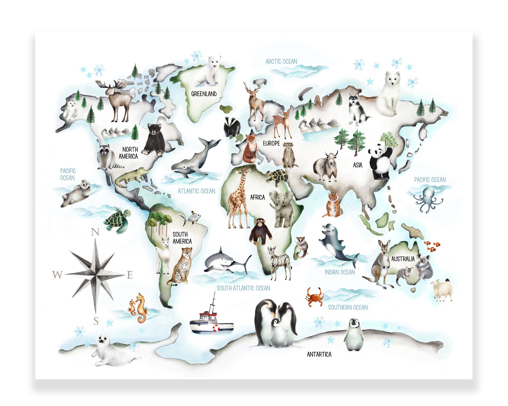 Multi-color Animal World Map Print - Studio Q - Art by Nicky Quartermaine Scott