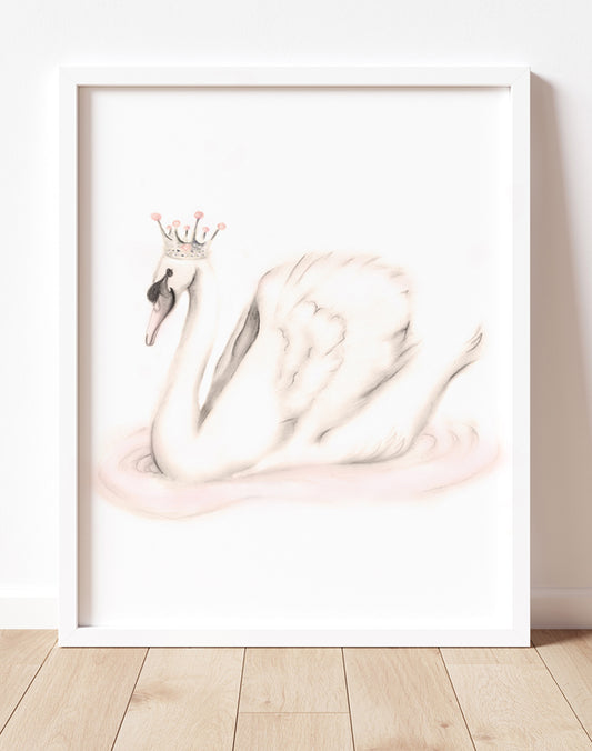 Drawing of swan wearing crown in tones of sepia beige and blush pink - Studio Q - Art by Nicky Quartermaine Scott