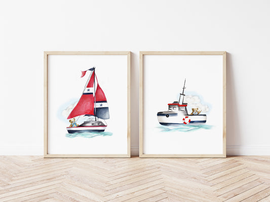 Nautical Nursery Boats with Teddy Bear Prints - Studio Q - Art by Nicky Quartermaine Scott
