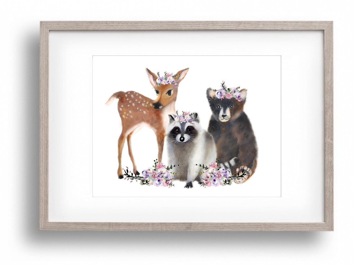 Baby Woodland Animals with Flowers Print - Studio Q - Art by Nicky Quartermaine Scott