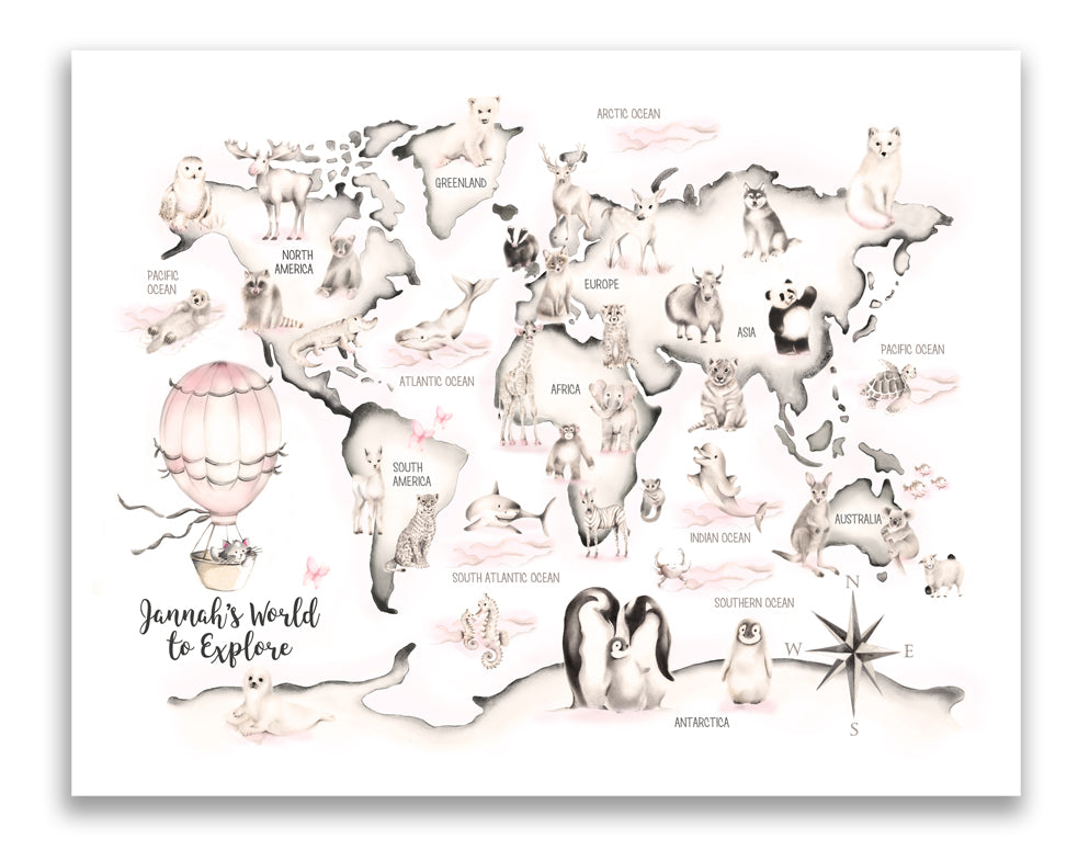Pink Animal World Map Print Custom Name - Studio Q - Art by Nicky Quartermaine Scott