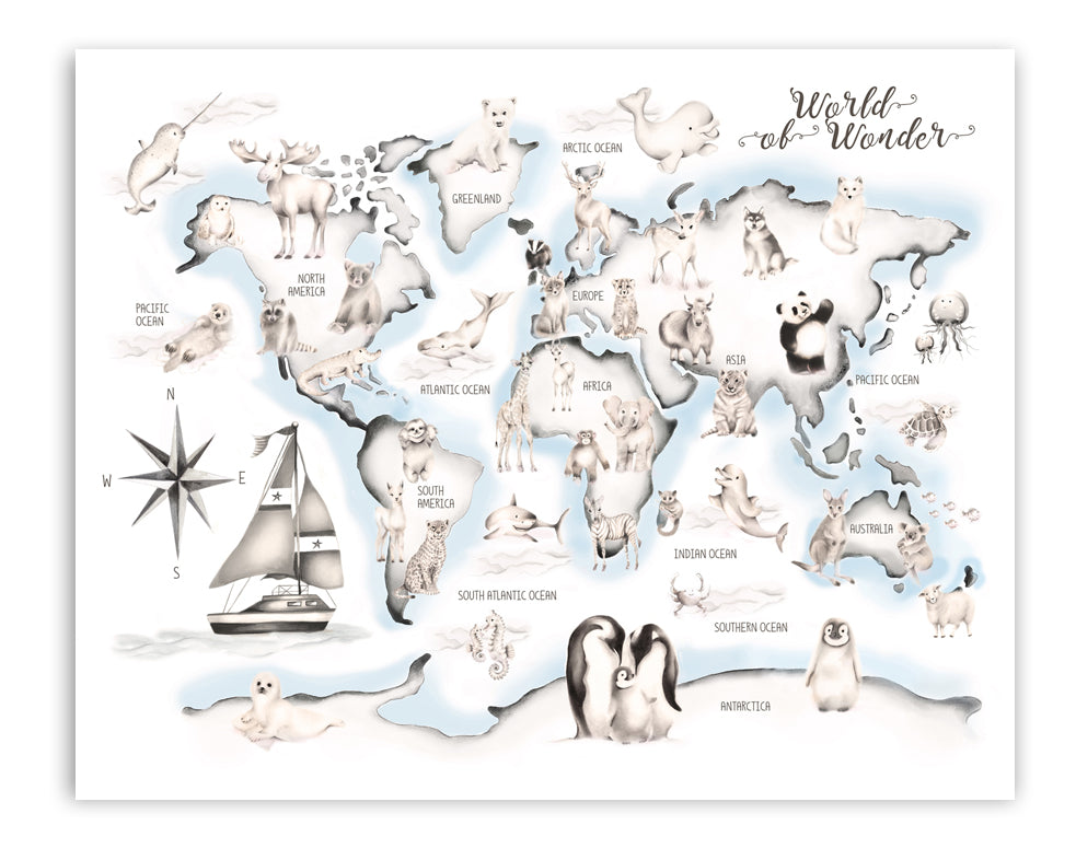 Blue Boat Animal World Map Print - Studio Q - Art by Nicky Quartermaine Scott