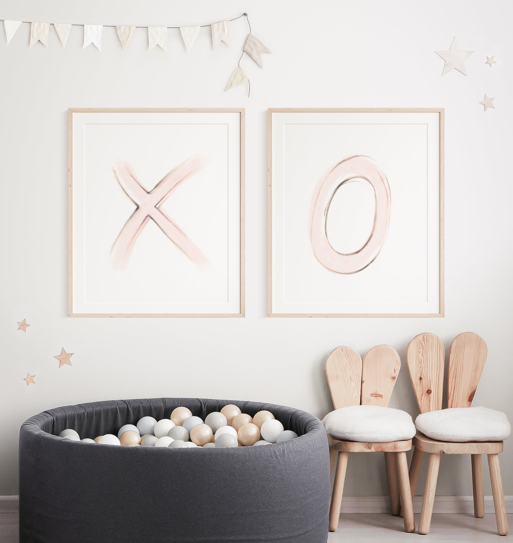 X and O drawing art prints for little girl's room. The X and O are in a sepia tone with blush pink accents - Studio Q - Art by Nicky Quartermaine Scott