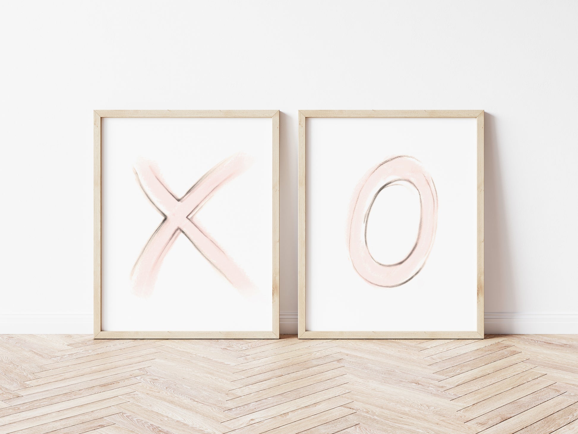 X and O drawing art prints for little girl's room. The X and O are in a sepia tone with blush pink accents - Studio Q - Art by Nicky Quartermaine Scott